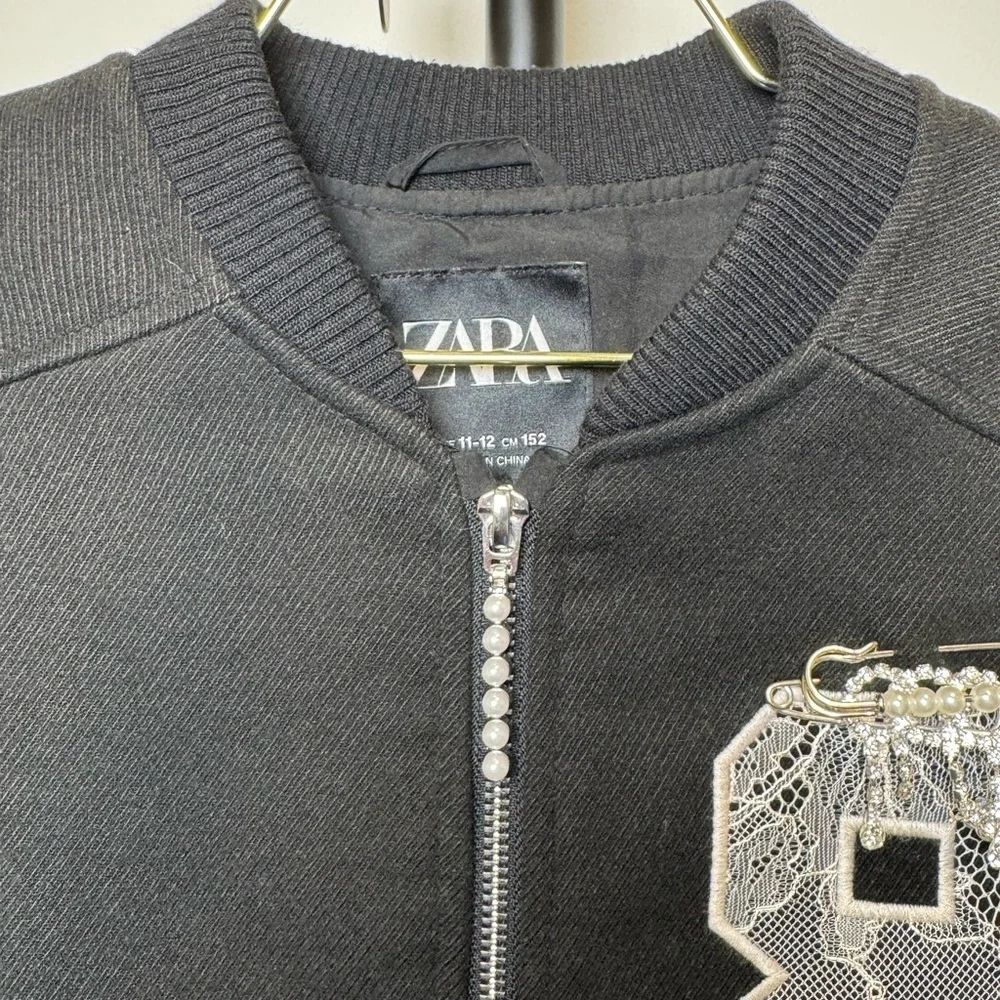 Zara Charcoal Bomber Jacket with Lace Detail